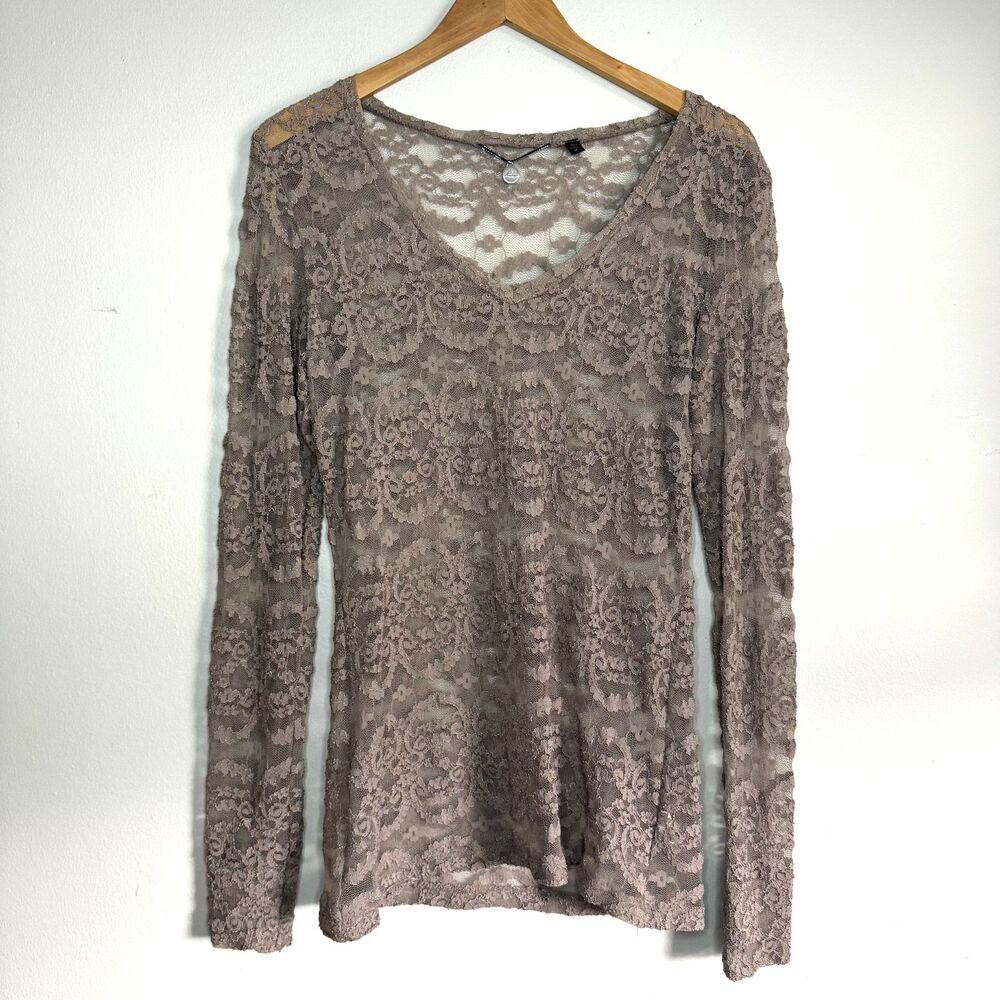 BKE Boutique Top Sheer Lace Womens Large Taupe Long Sleeve V-Neck Shirt Y2K Boho